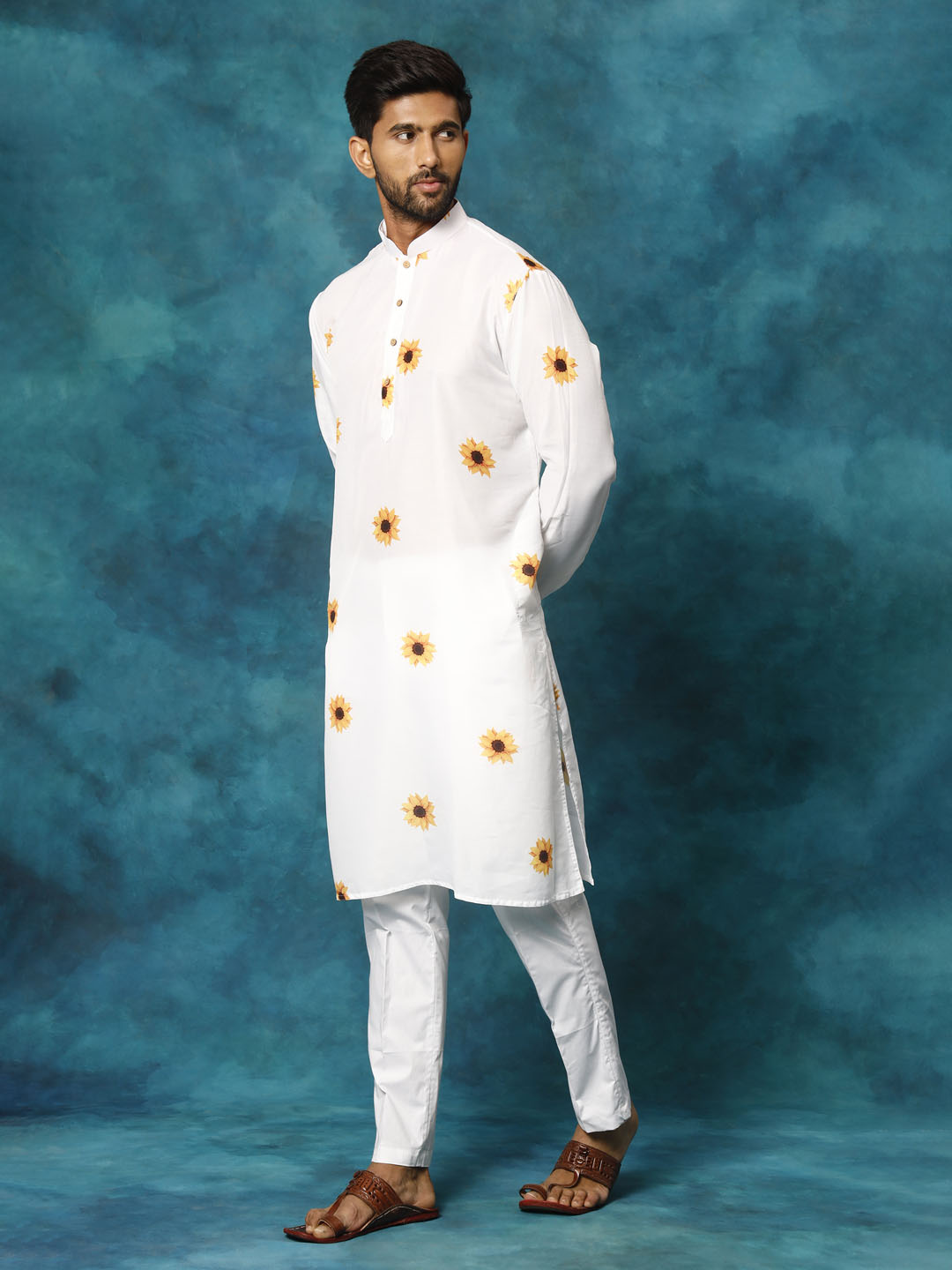 Sarvati Men's White Cotton Blend Sunflower Print Kurta Pant Set