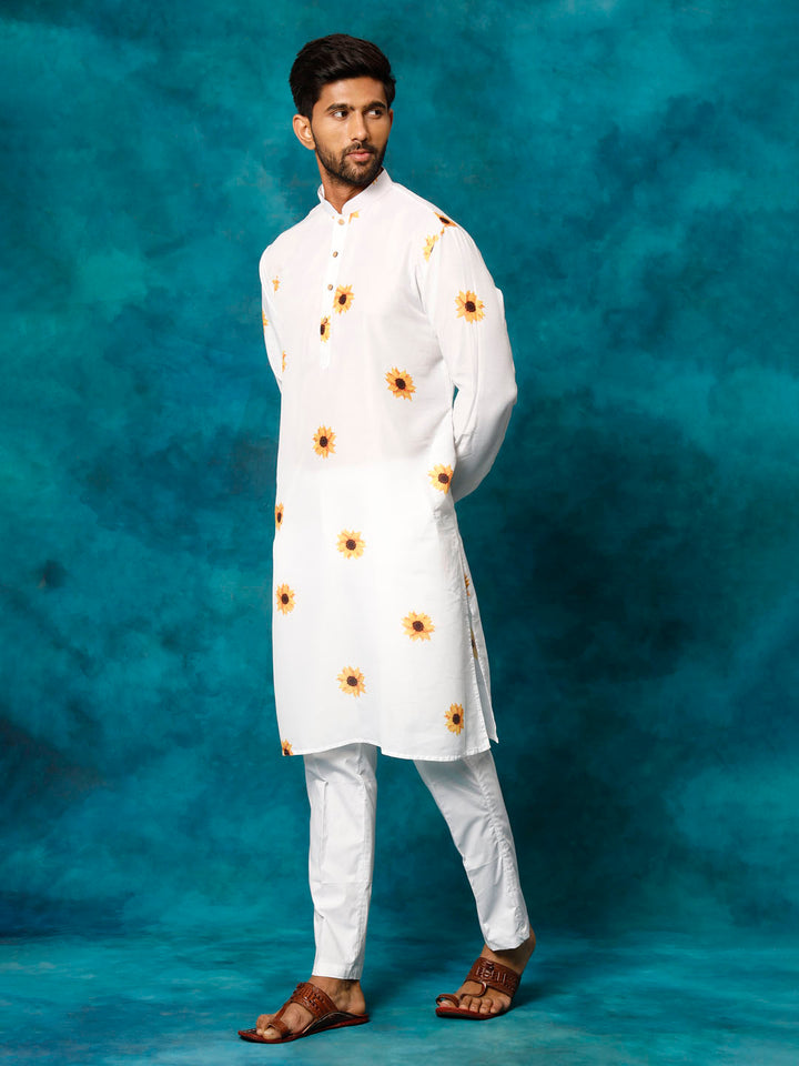 Sarvati Men's White Cotton Blend Sunflower Print Kurta Pant Set