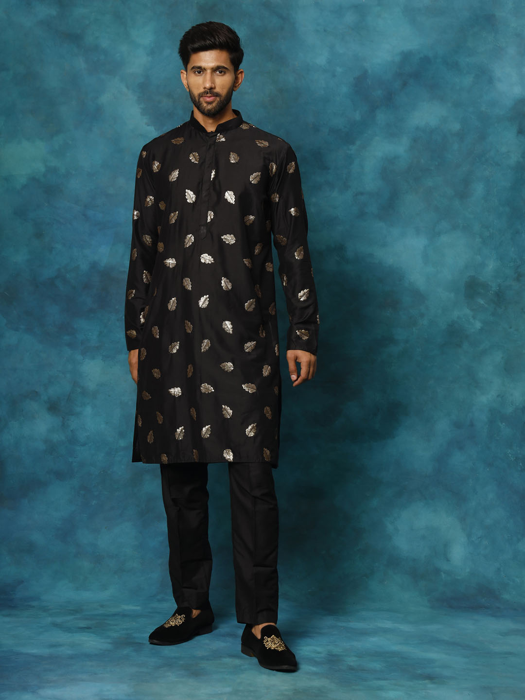 Sarvati Men's Black Leaf Motif Embellished Kurta Pant Set