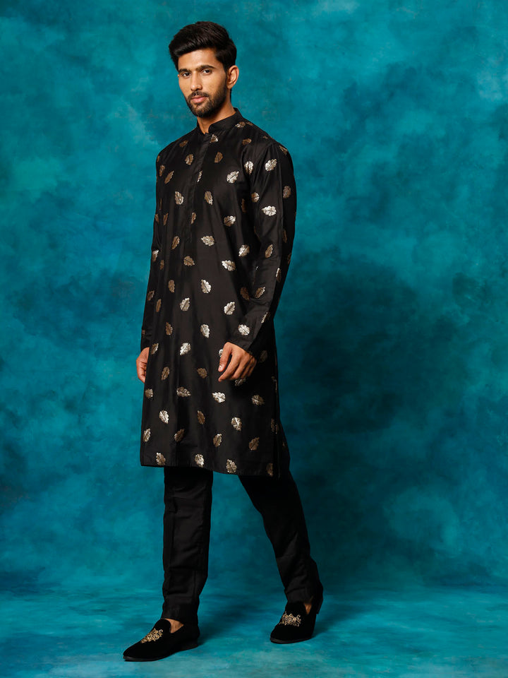 Sarvati Men's Black Leaf Motif Embellished Kurta Pant Set