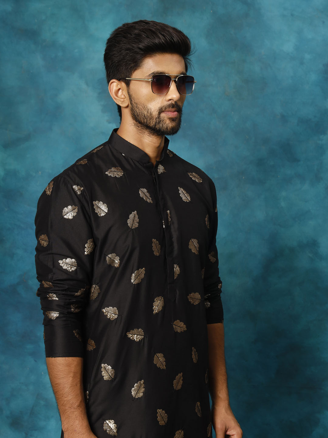 Sarvati Men's Black Leaf Motif Embellished Kurta Pant Set