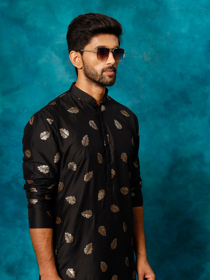 Sarvati Men's Black Leaf Motif Embellished Kurta Pant Set