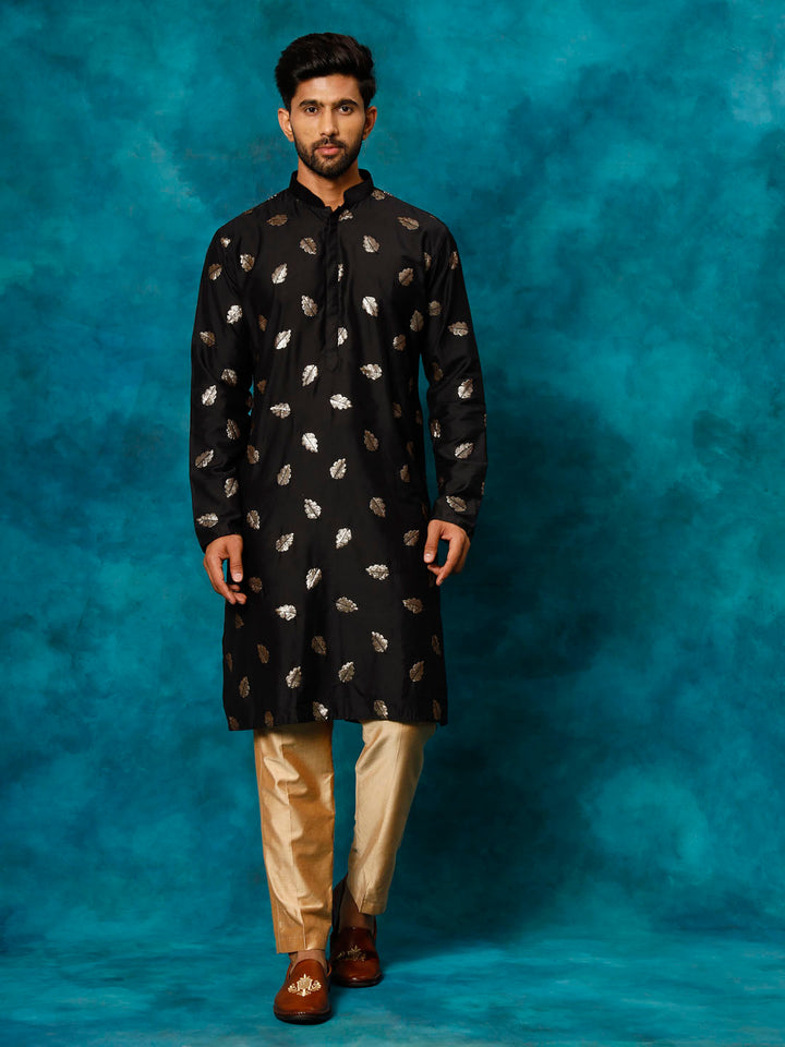 Sarvati Men's Black Leaf Motif Embellished Kurta Pant Set