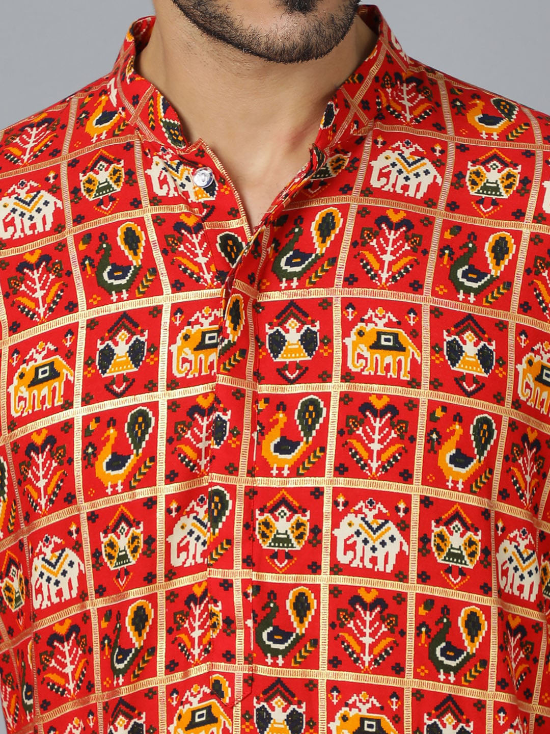 Sarvati Men's Red Patola Print Ethnic kurta Pyjama Set