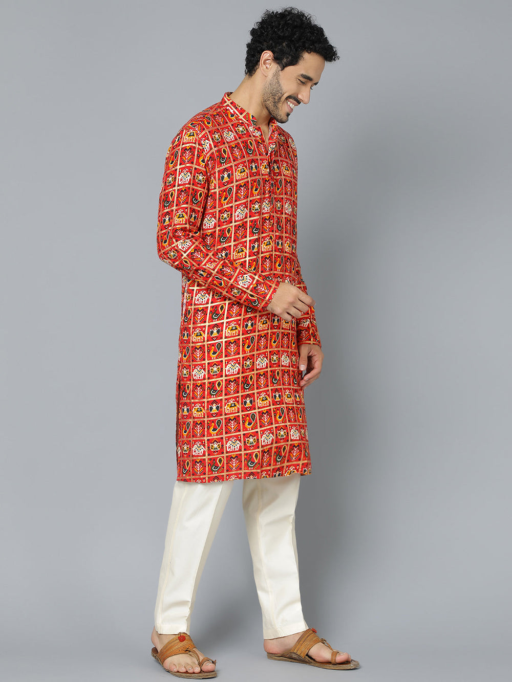 Sarvati Men's Red Patola Print Ethnic kurta Pyjama Set