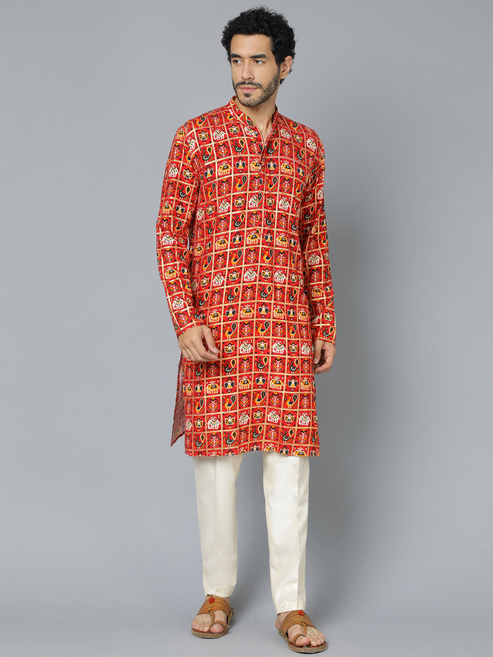 Sarvati Men's Red Patola Print Ethnic kurta Pyjama Set