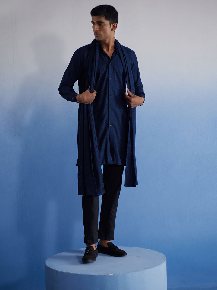 Sarvati Men's Navy Blue Net Front Open Kurta