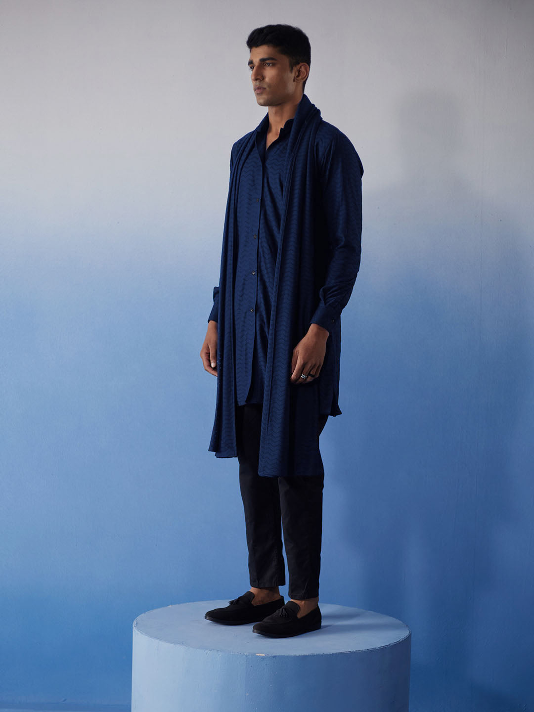 Sarvati Men's Navy Blue Net Front Open Kurta