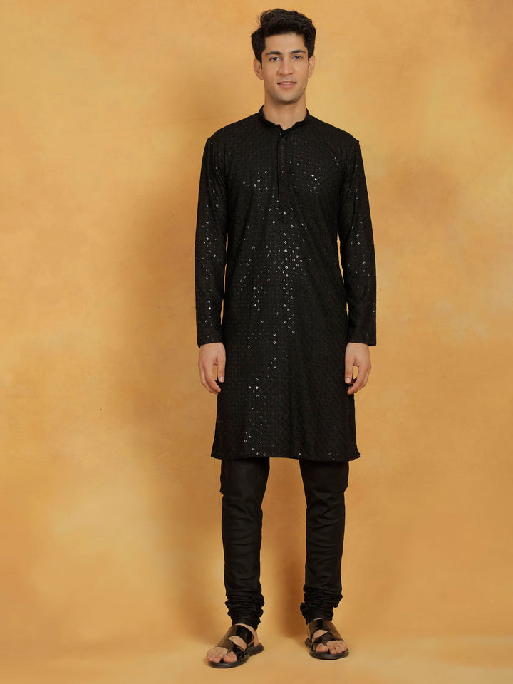 Sarvati Men's Black Cotton Blend Kurta And Pyjama Set