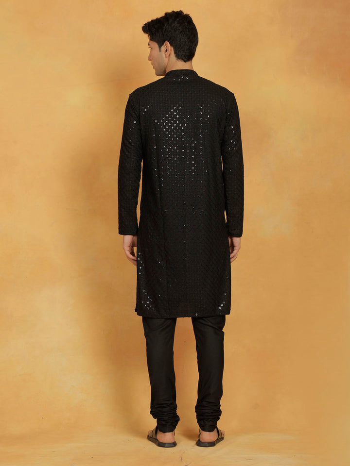 Sarvati Men's Black Cotton Blend Kurta And Pyjama Set