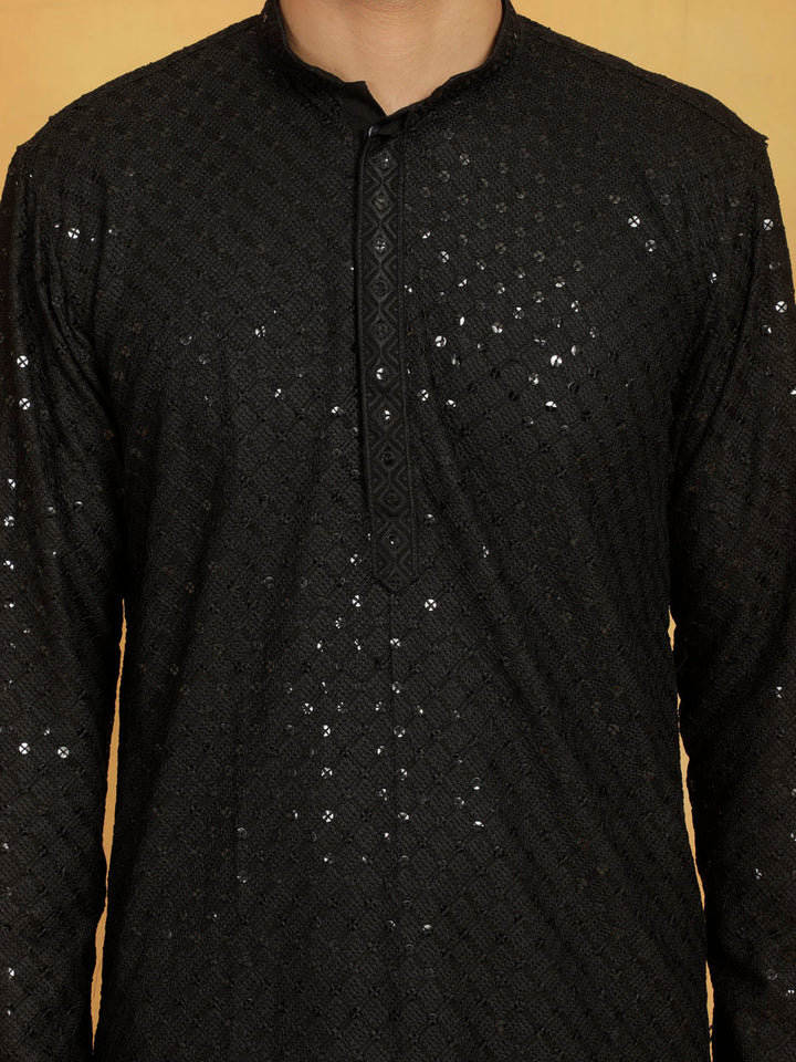 Sarvati Men's Black Cotton Blend Kurta And Pyjama Set