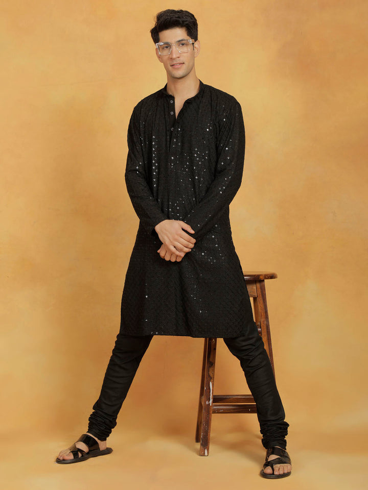 Sarvati Men's Black Cotton Blend Kurta And Pyjama Set
