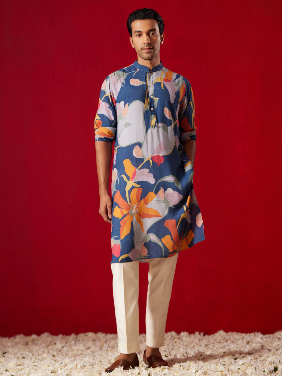 Men's Multi Color Base Blue Cotton Blend Kurta Pyjama Set