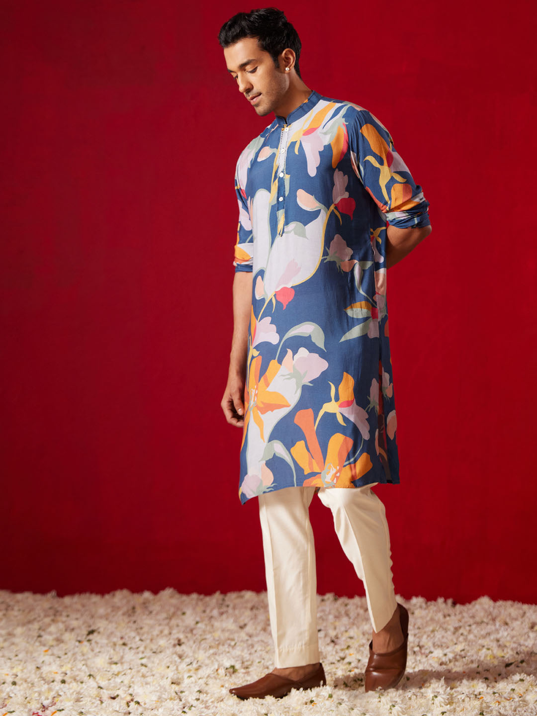 Men's Multi Color Base Blue Cotton Blend Kurta Pyjama Set