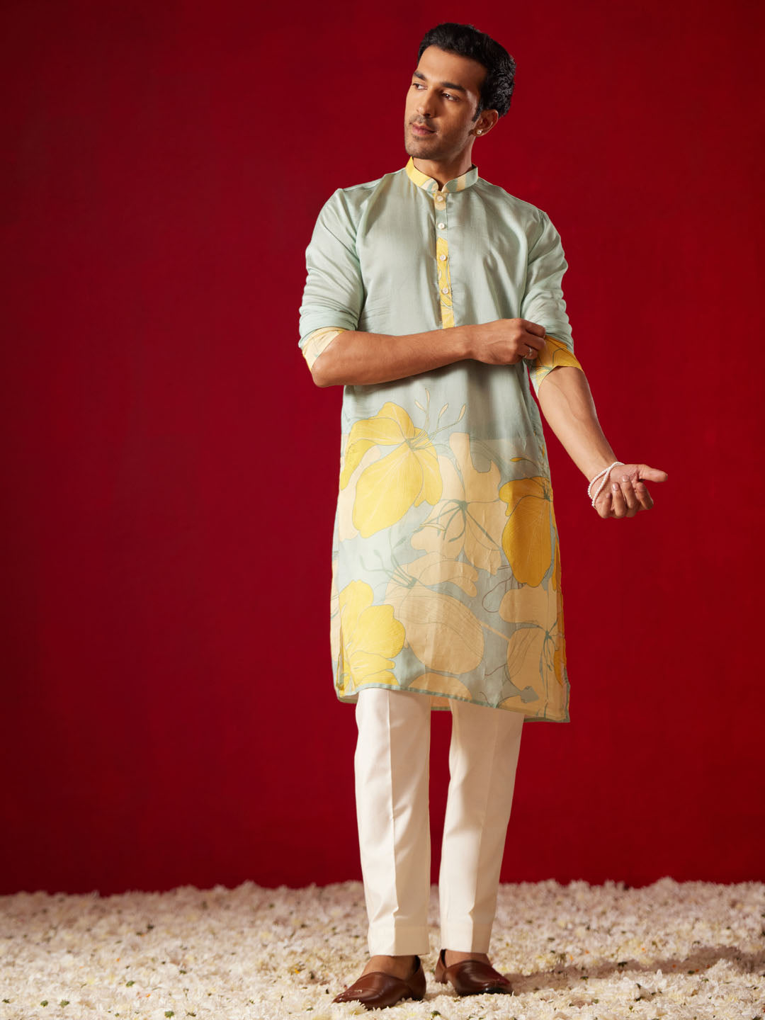 Men's Multi Color Base Yellow Cotton Blend Kurta Pyjama Set