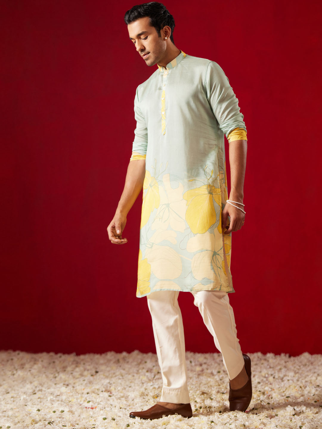 Men's Multi Color Base Yellow Cotton Blend Kurta Pyjama Set