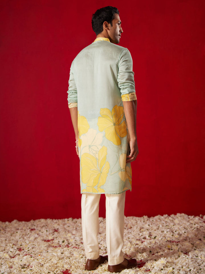 Men's Multi Color Base Yellow Cotton Blend Kurta Pyjama Set