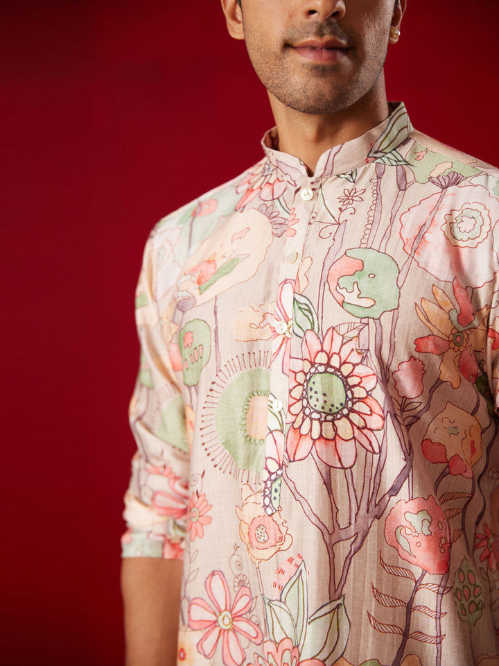 Men's Multi Color Base Cream Cotton Blend Kurta Pyjama Set