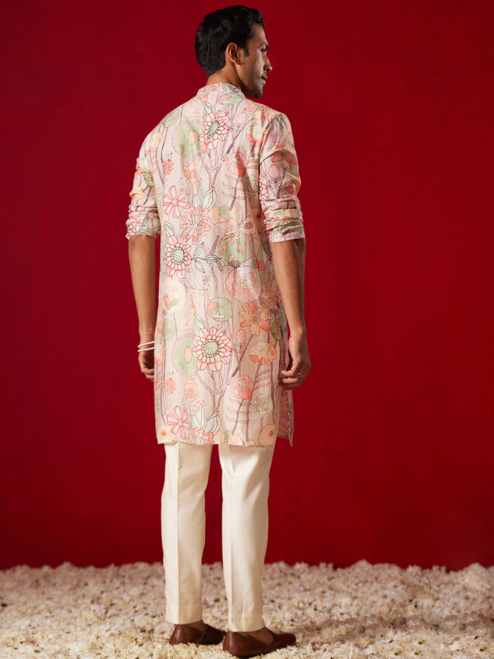 Men's Multi Color Base Cream Cotton Blend Kurta Pyjama Set