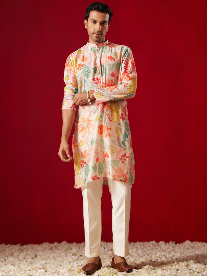 Men's Multi Color Base Pink Cotton Blend Kurta Pyjama Set