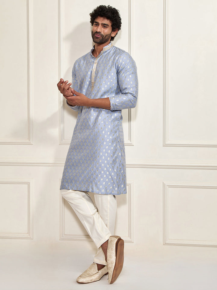 Sarvati Men's Aqua Silk Blend Kurta Pyjama Set