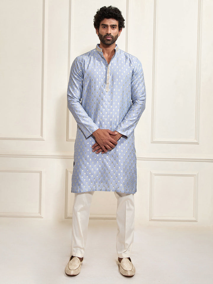 Sarvati Men's Aqua Silk Blend Kurta Pyjama Set