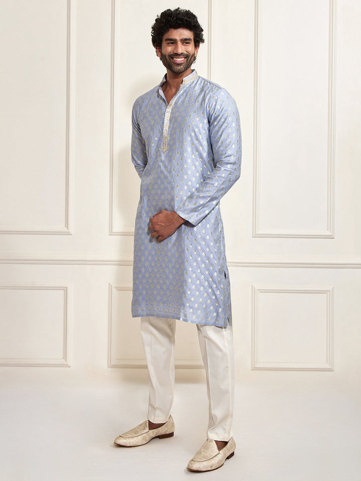 Sarvati Men's Aqua Silk Blend Kurta Pyjama Set