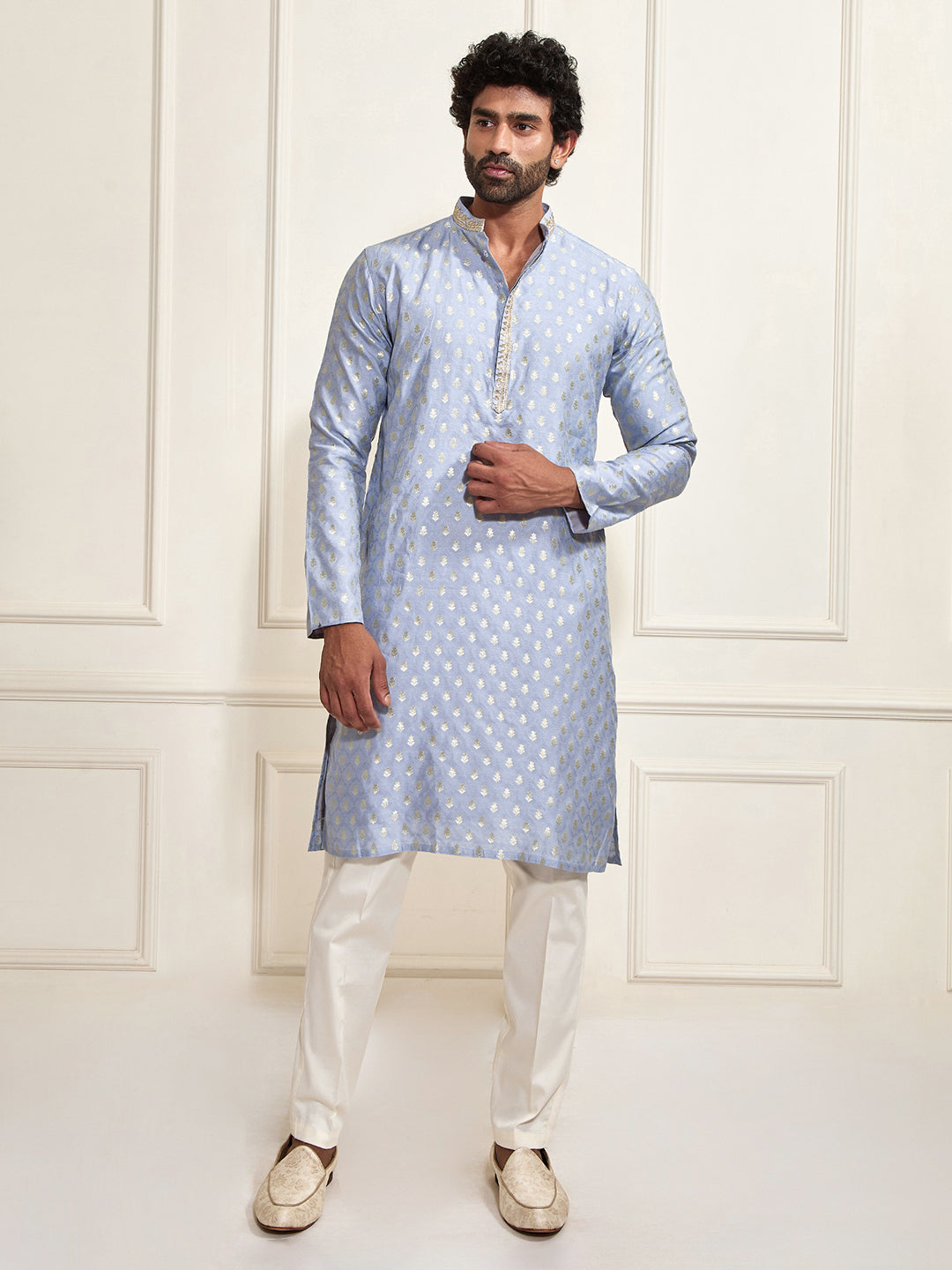 Sarvati Men's Aqua Silk Blend Kurta Pyjama Set