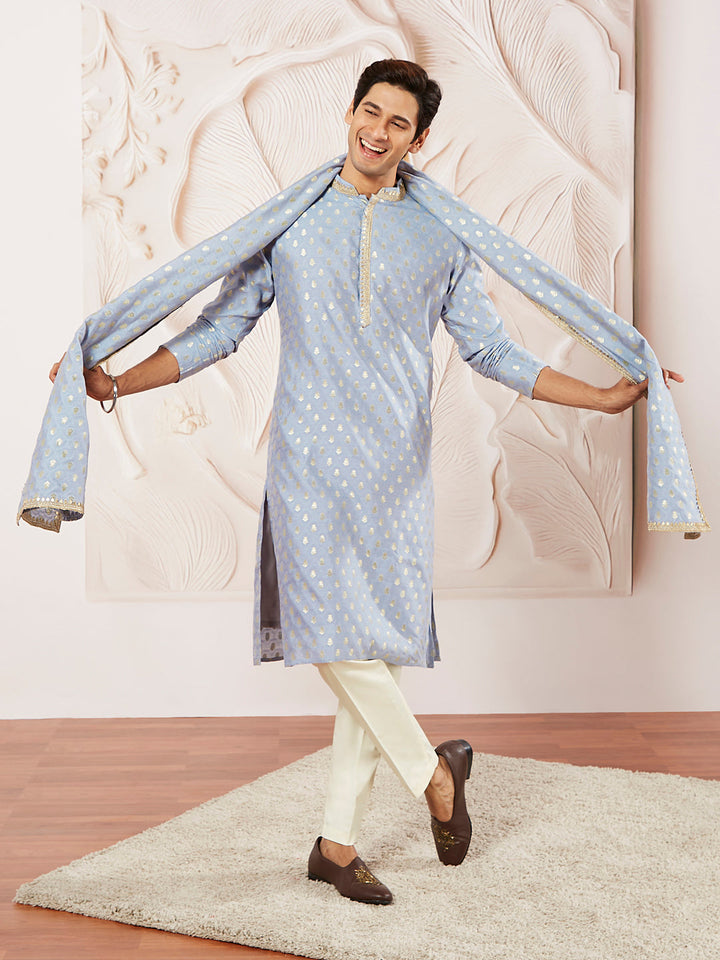 Sarvati Men's Aqua Silk Blend Kurta Pyjama And Dupatta Set