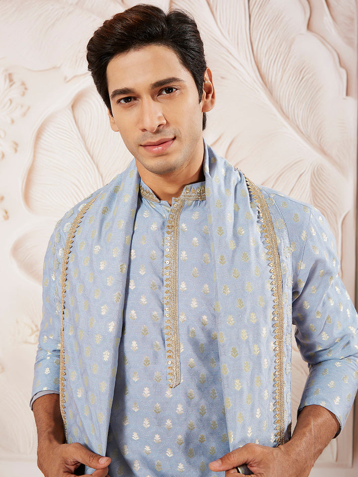 Sarvati Men's Aqua Silk Blend Kurta Pyjama And Dupatta Set