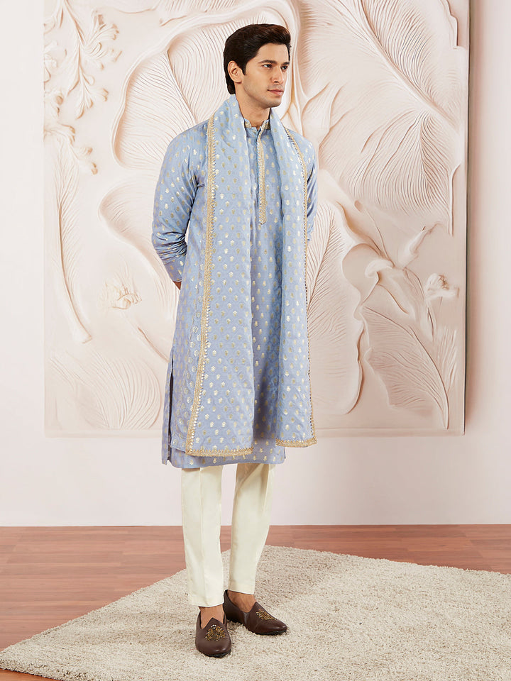 Sarvati Men's Aqua Silk Blend Kurta Pyjama And Dupatta Set