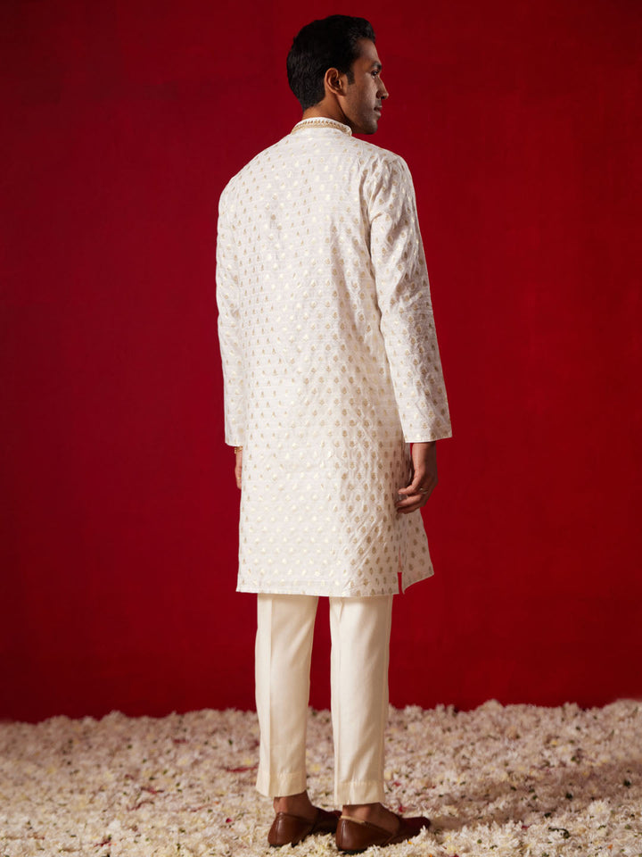 Men's Cream Silk Blend Jacquard Kurta With Pant Set