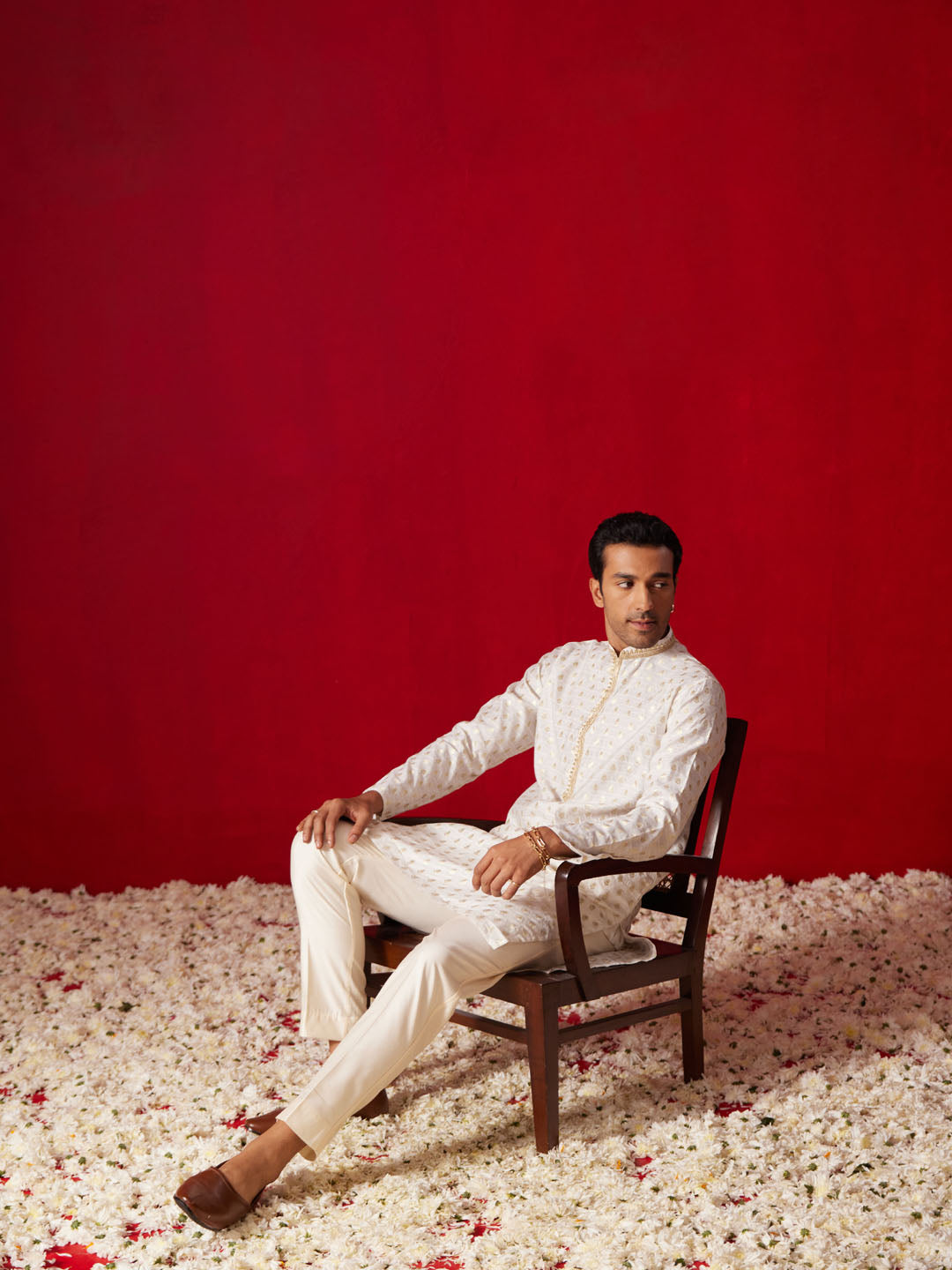 Men's Cream Silk Blend Jacquard Kurta With Pant Set