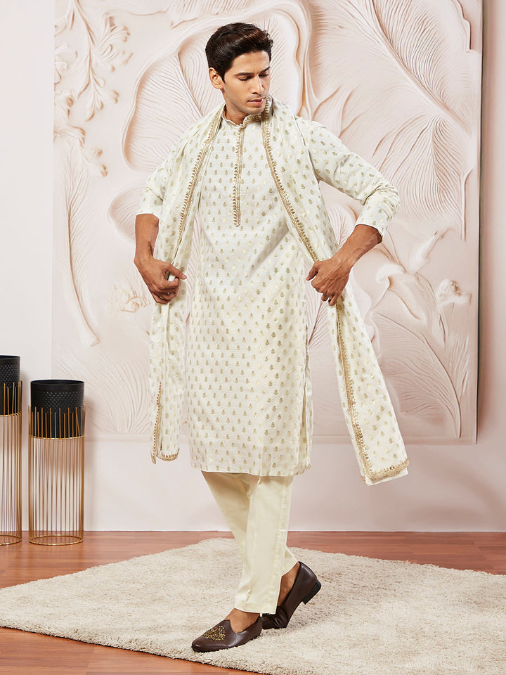 Sarvati Men's Cream Silk Blend Kurta Pyjama Set