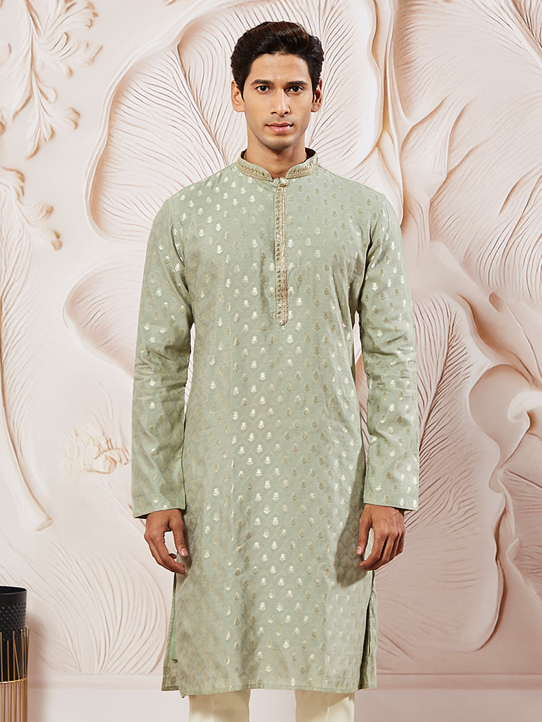 Sarvati Men's Green Silk Blend Jacquard Kurta