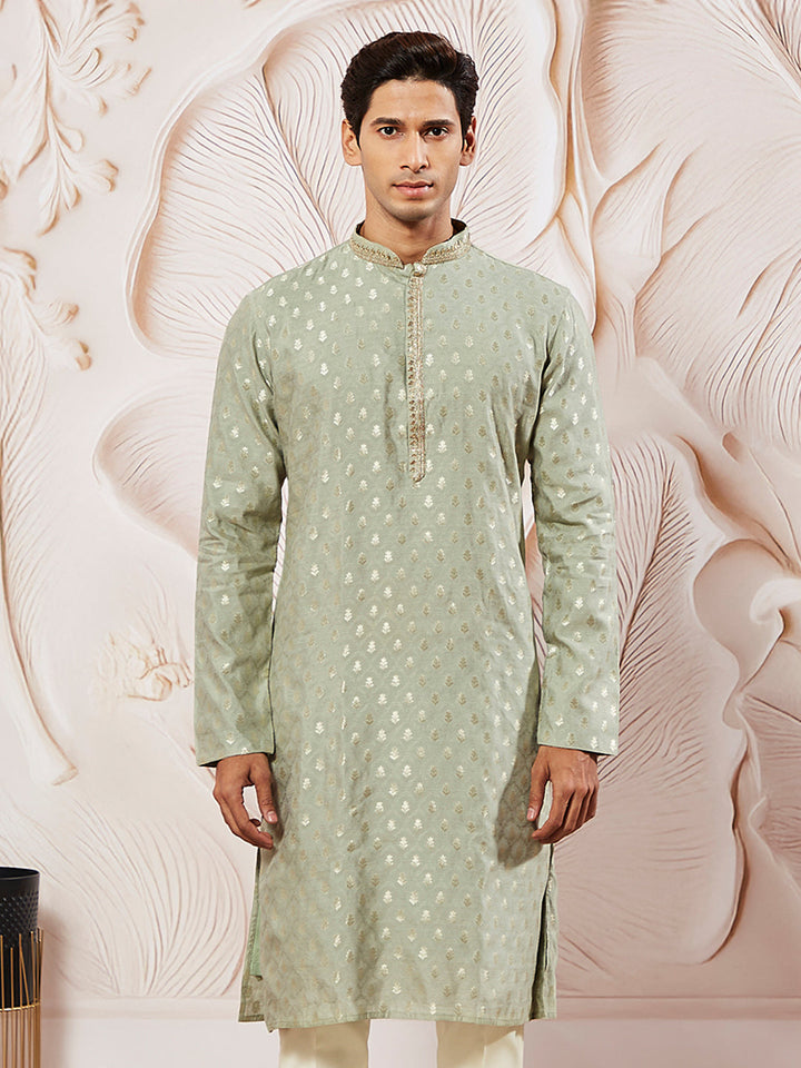 Sarvati Men's Green Silk Blend Jacquard Kurta