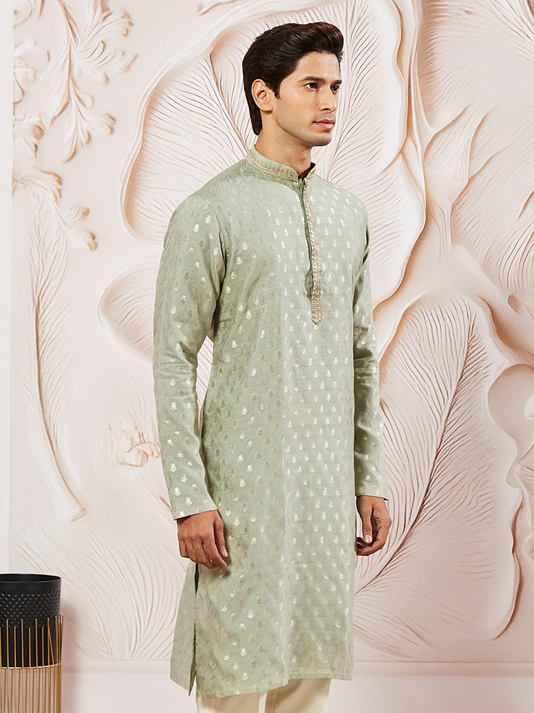 Sarvati Men's Green Silk Blend Jacquard Kurta