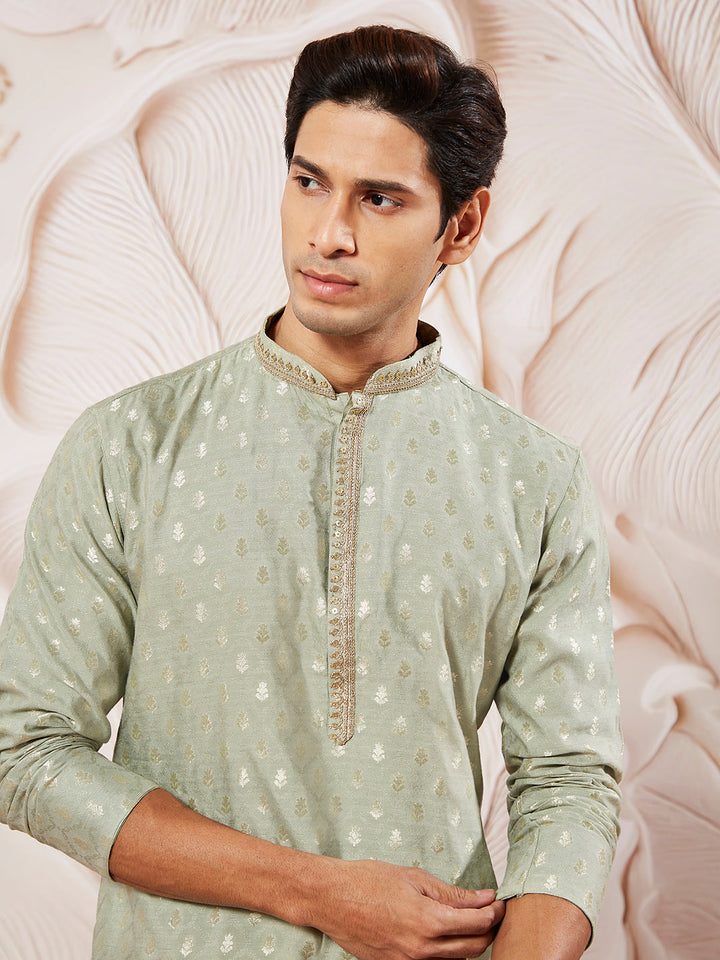 Sarvati Men's Green Silk Blend Jacquard Kurta