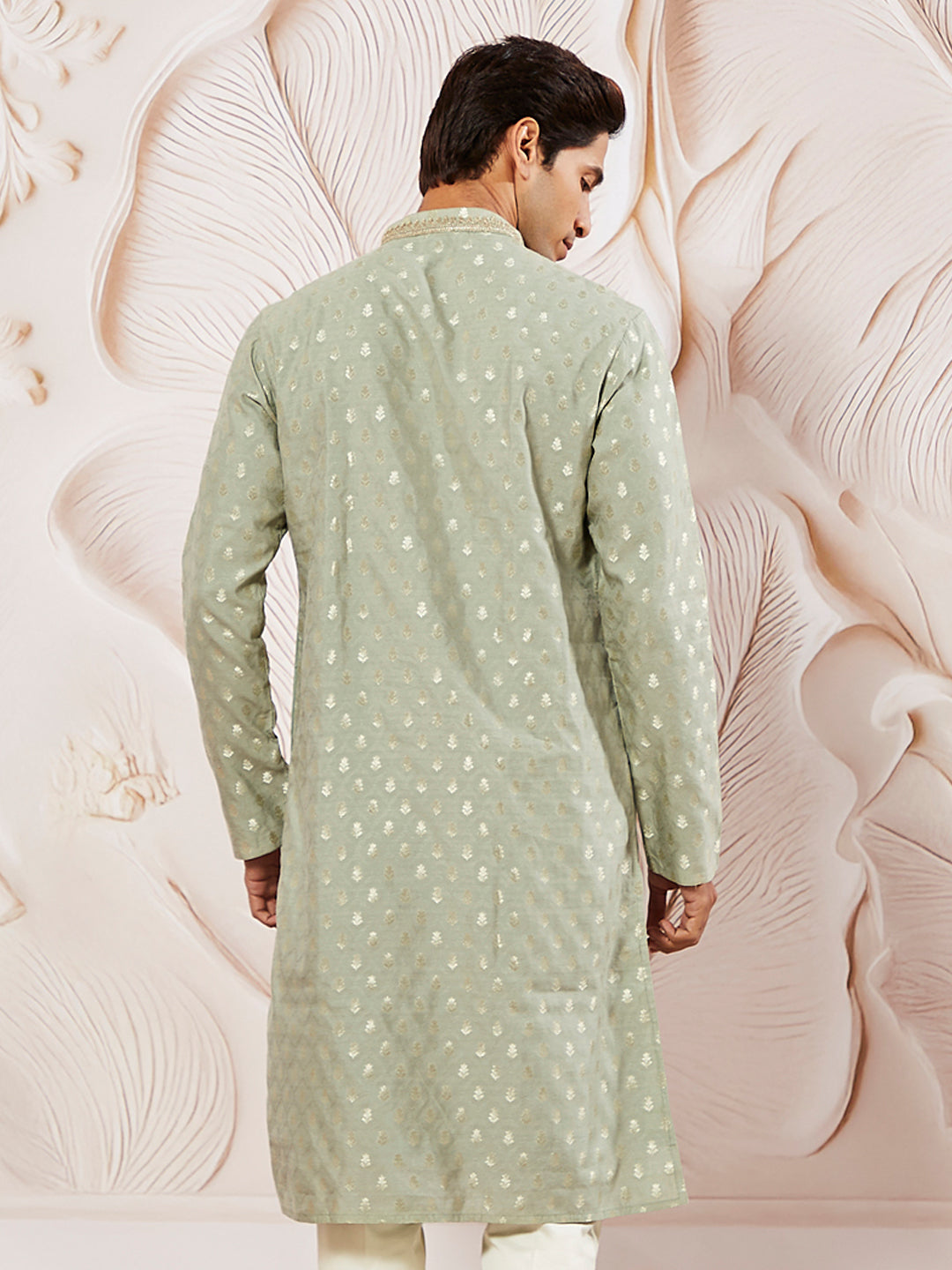 Sarvati Men's Green Silk Blend Jacquard Kurta