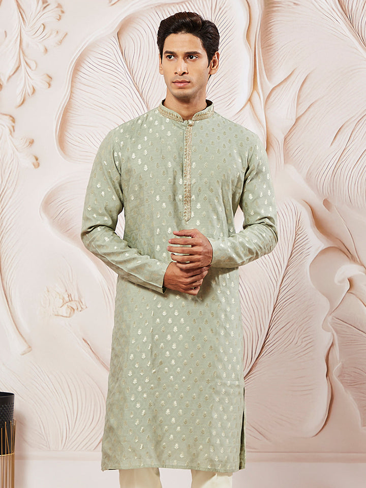 Sarvati Men's Green Silk Blend Jacquard Kurta