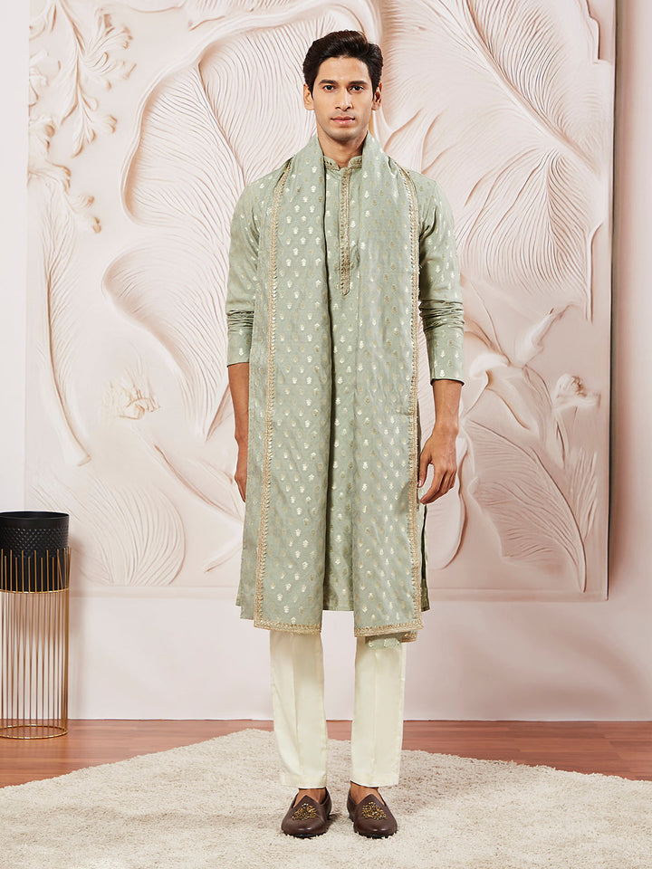 Sarvati Men's Green Silk Blend Kurta Pyjama Set