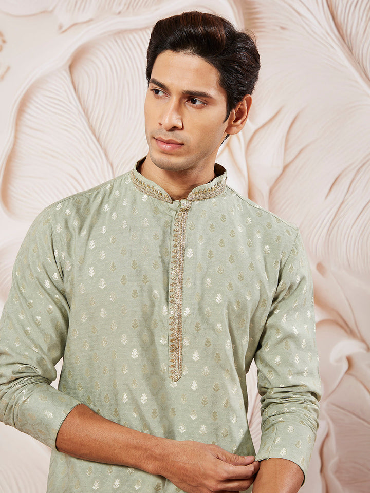 Sarvati Men's Green Silk Blend Kurta Pyjama Set