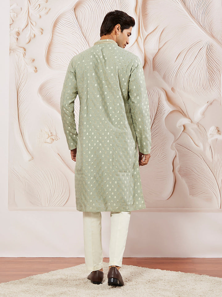 Sarvati Men's Green Silk Blend Kurta Pyjama Set