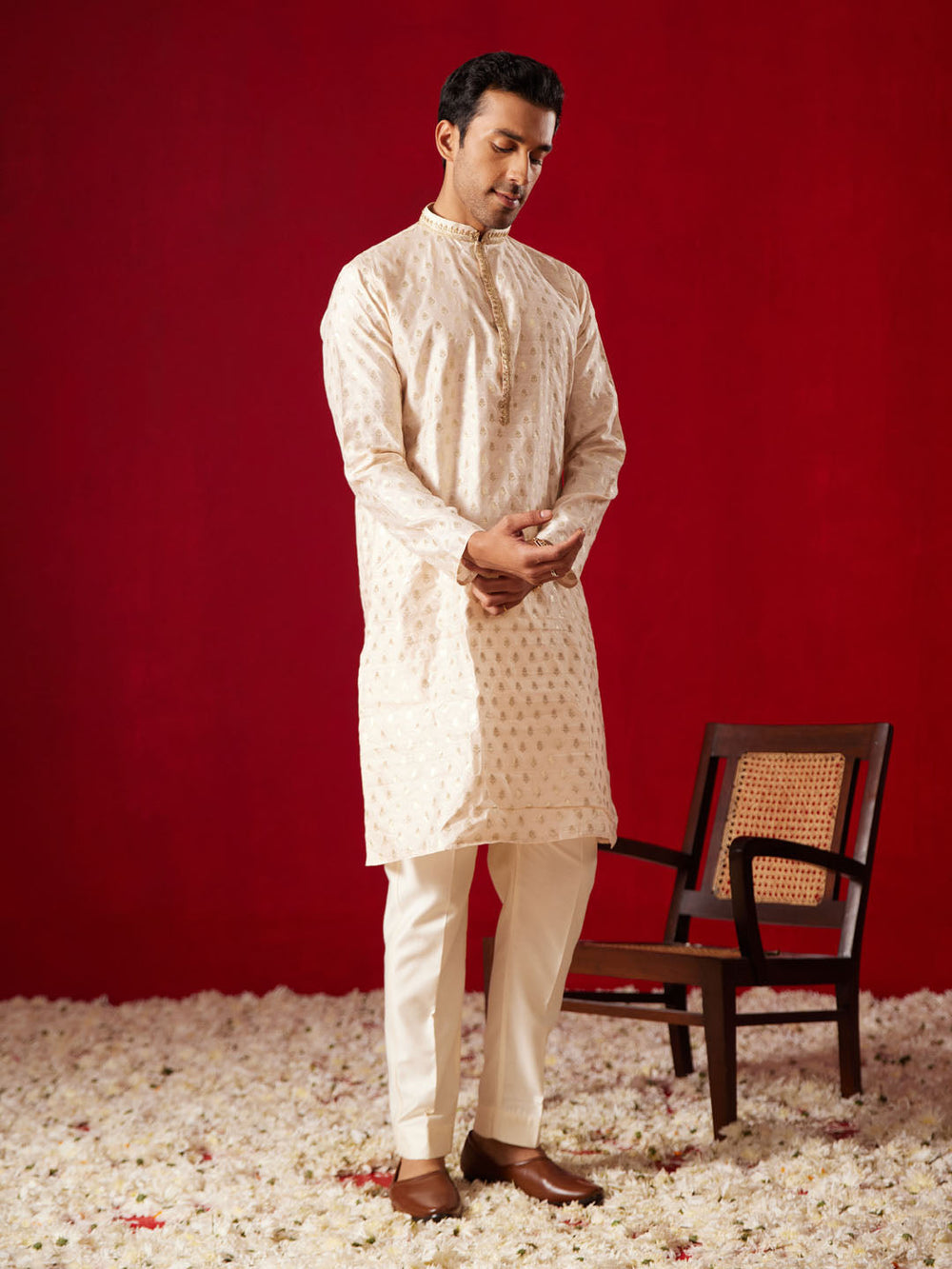 Sarvati Mens Peach Silk Blend Jacquard Kurta With Pant Set