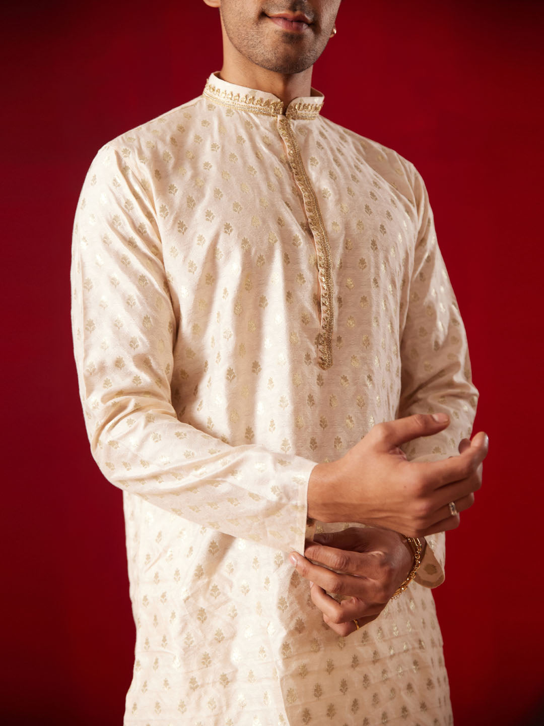 Sarvati Mens Peach Silk Blend Jacquard Kurta With Pant Set