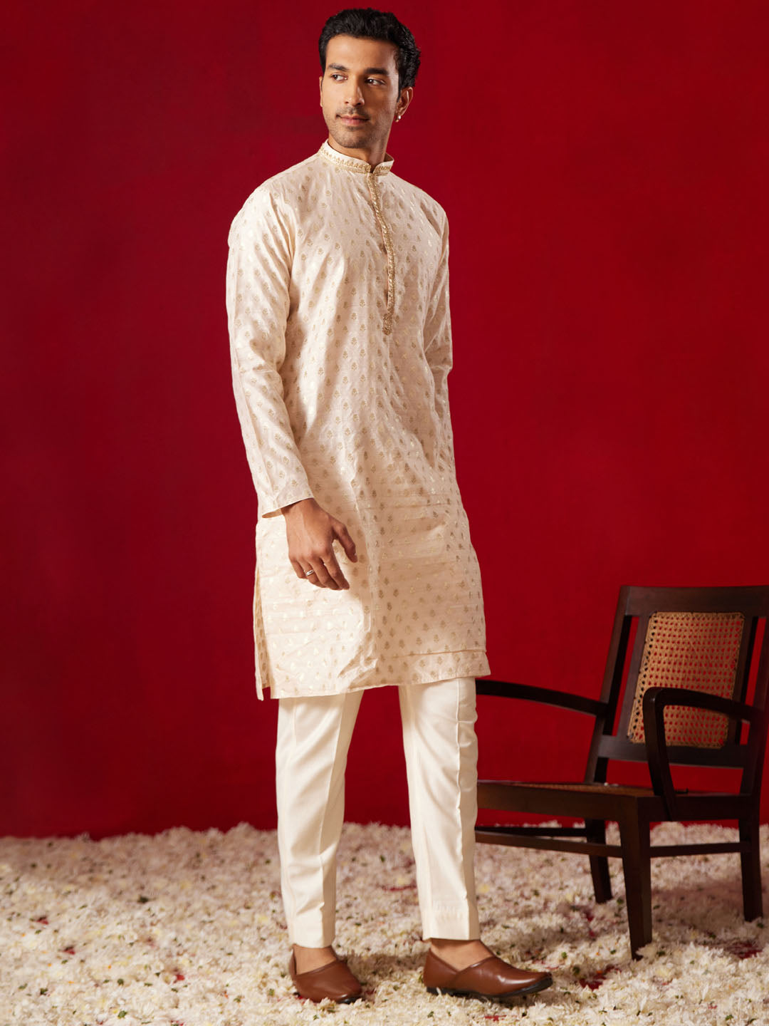 Sarvati Mens Peach Silk Blend Jacquard Kurta With Pant Set