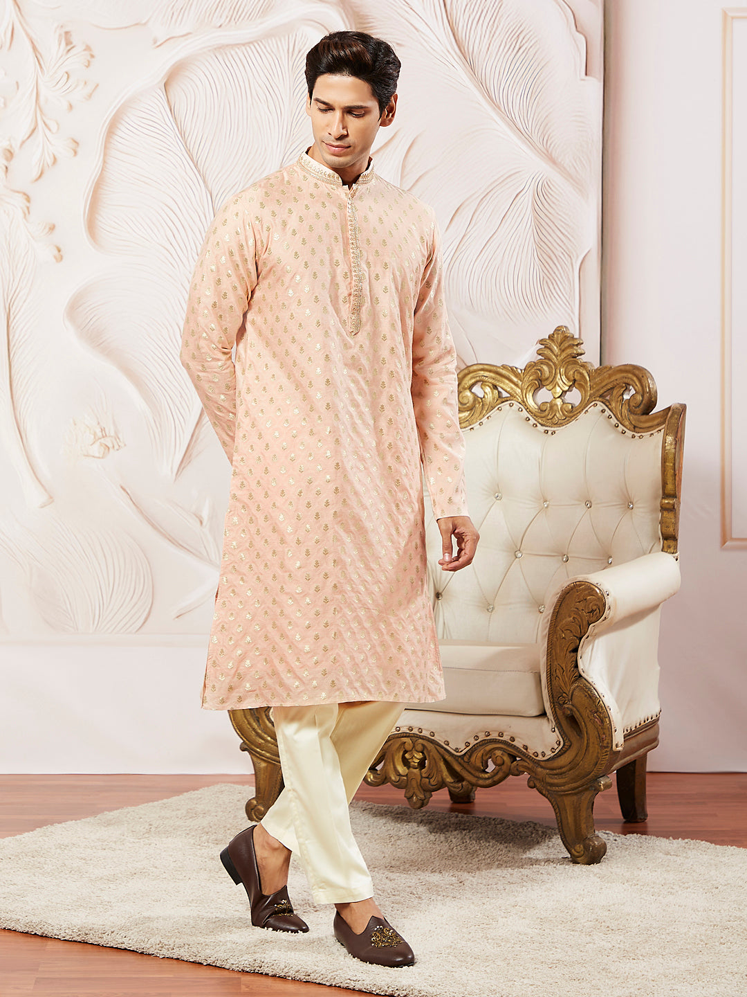 Sarvati Men's Peach Silk Blend Kurta Pyjama Set