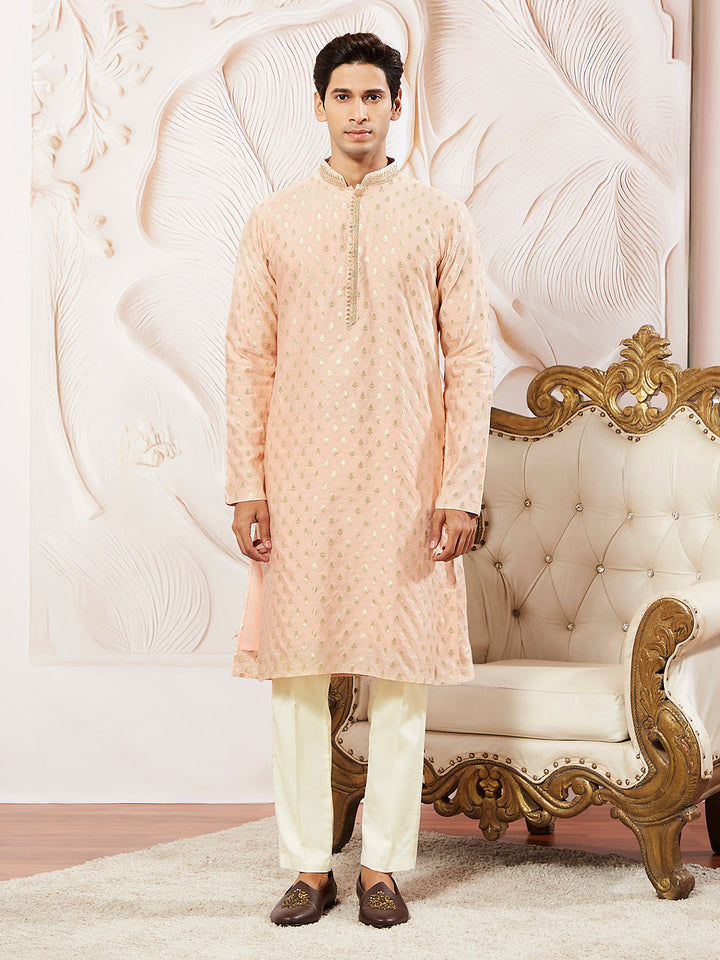 Sarvati Men's Peach Silk Blend Kurta Pyjama Set