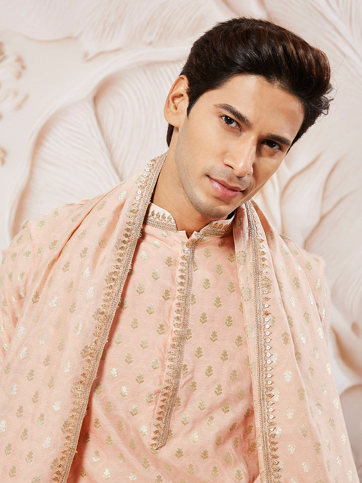 Sarvati Men's Peach Silk Blend Kurta Pyjama Set