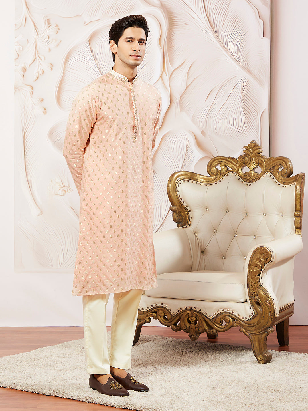 Sarvati Men's Peach Silk Blend Kurta Pyjama Set